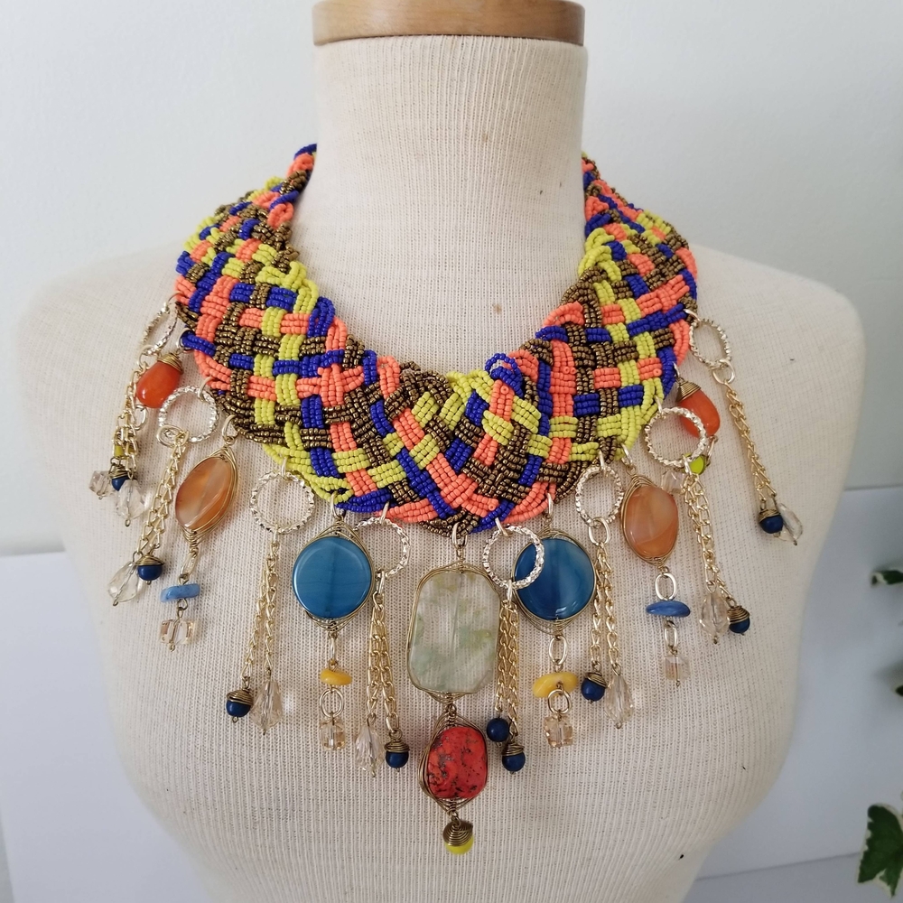 Blue and Red Bohemian Statement Necklace with Braided Collar